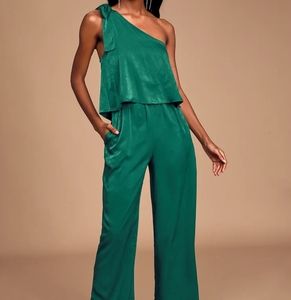 New Lulu's One Shoulder Green Flowy Jumpsuit